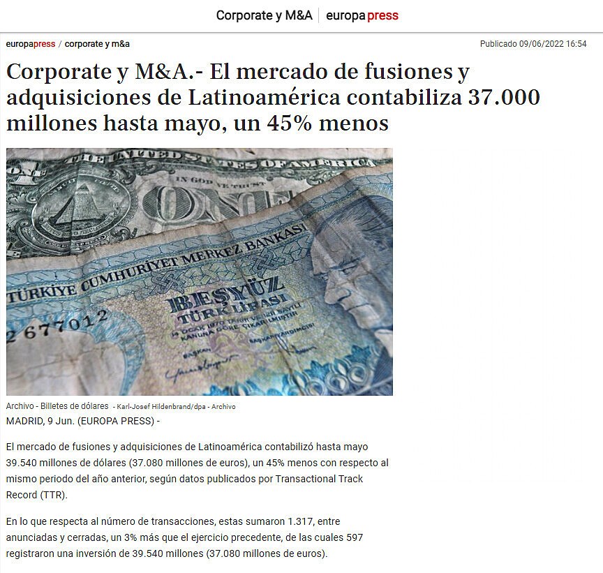 Corporate y M&A.- El mercado de fusiones y adquisiciones de Latinoamrica contabiliza 37.000 millones hasa mayo, un 45% menos